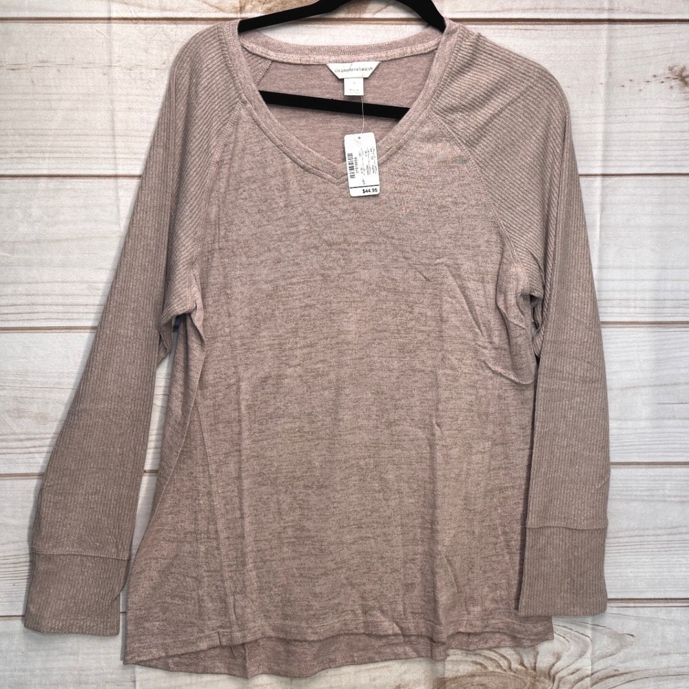 Christopher & Banks Womens Mauve Heathered Ribbed Raglan V-Neck Top Large NWT